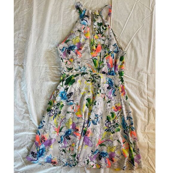 Express Floral Halter Dress | Watercolor Print, A Line Fit & Flare | Size 8 - Picture 6 of 12